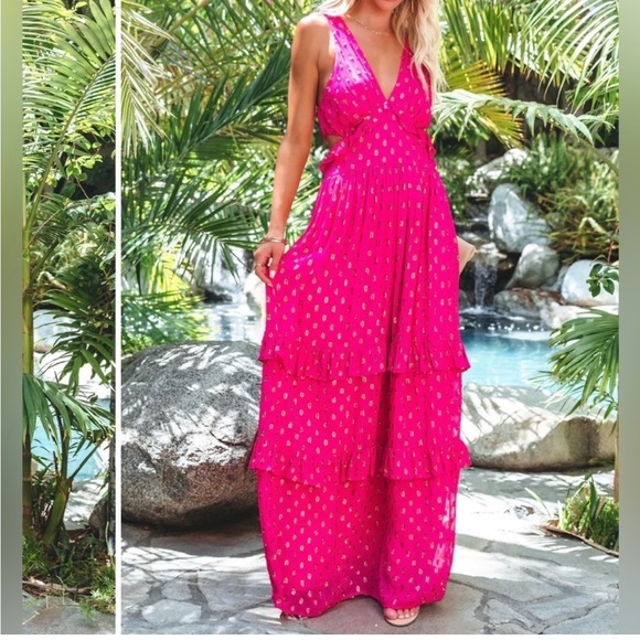 NWT Pink Tiered Shimmer Metallic Dress size Large - Picture 2 of 11